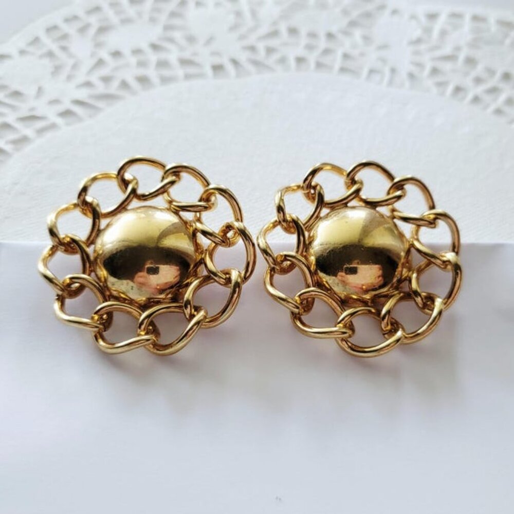 Vintage MONET clip-on Earrings, Statement piece Flower shaped Goldtone